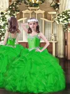 Discount Green Ball Gowns Straps Sleeveless Organza Floor Length Lace Up Beading and Ruffles Pageant Gowns