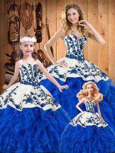 Blue Satin and Organza Lace Up Sweetheart Sleeveless Floor Length 15 Quinceanera Dress Embroidery and Ruffles