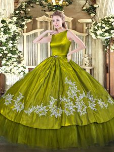 Olive Green Ball Gowns Scoop Sleeveless Satin and Tulle Floor Length Clasp Handle Embroidery Vestidos de Quinceanera