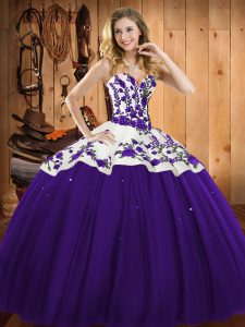 Chic Floor Length Purple Quinceanera Gowns Satin and Tulle Sleeveless Embroidery