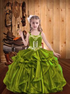 Olive Green Organza Lace Up Little Girl Pageant Gowns Sleeveless Floor Length Embroidery and Ruffles