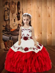 Glorious Red Lace Up Straps Embroidery and Ruffles Pageant Dress for Womens Organza Sleeveless