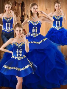 Dynamic Blue Sleeveless Embroidery and Ruffles Floor Length Quinceanera Dress