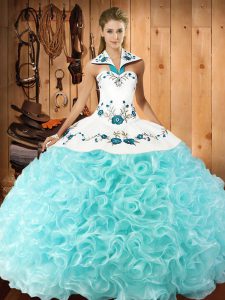 Traditional Aqua Blue Ball Gowns Fabric With Rolling Flowers Halter Top Sleeveless Embroidery Floor Length Lace Up Sweet 16 Quinceanera Dress