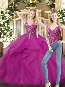 Comfortable Fuchsia Lace Up 15th Birthday Dress Beading and Ruffles Sleeveless Floor Length
