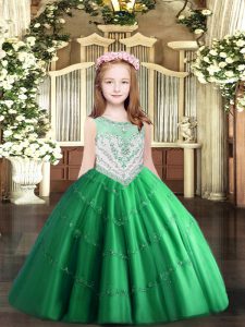 Nice Beading and Appliques Girls Pageant Dresses Green Zipper Sleeveless Floor Length