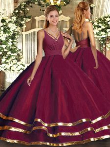Burgundy Organza Backless V-neck Sleeveless Floor Length Quinceanera Gowns Ruffled Layers