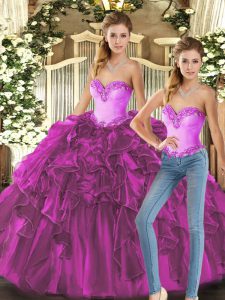 Fancy Ball Gowns Quinceanera Gowns Fuchsia Sweetheart Organza Sleeveless Floor Length Lace Up