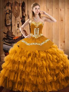 Enchanting Gold Ball Gowns Embroidery and Ruffled Layers Sweet 16 Dress Lace Up Satin and Organza Sleeveless Floor Length