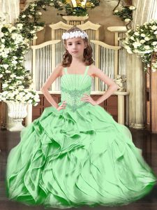 Green Straps Lace Up Beading and Ruffles Girls Pageant Dresses Sleeveless