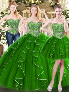 Green Sweetheart Neckline Beading and Ruffles Quinceanera Gown Sleeveless Lace Up