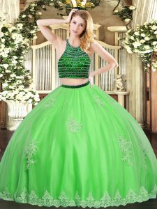 Halter Top Sleeveless Tulle Sweet 16 Quinceanera Dress Beading and Appliques Zipper