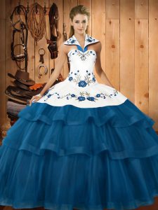 Blue Halter Top Lace Up Embroidery and Ruffled Layers Vestidos de Quinceanera Sweep Train Sleeveless
