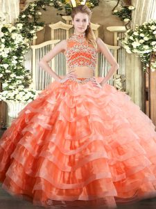 Romantic Floor Length Backless 15th Birthday Dress Orange Red for Military Ball and Sweet 16 and Quinceanera with Beading and Ruffled Layers