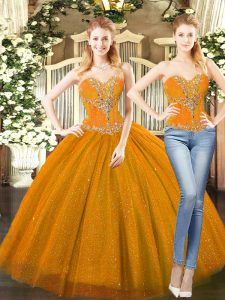 Sweetheart Sleeveless Sweet 16 Dress Floor Length Beading Orange Red Tulle