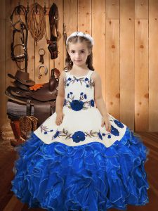 Hot Sale Blue Pageant Dress for Girls Sweet 16 and Quinceanera with Embroidery and Ruffles Straps Sleeveless Lace Up