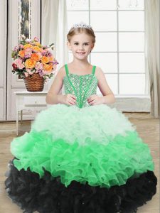 Trendy Straps Sleeveless Pageant Gowns For Girls Floor Length Beading and Ruffles Multi-color Organza
