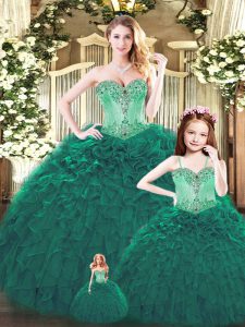 Dark Green Sleeveless Tulle Lace Up Sweet 16 Dress for Military Ball and Sweet 16 and Quinceanera