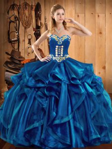 Chic Blue Organza Lace Up Sweet 16 Dresses Sleeveless Floor Length Embroidery and Ruffles