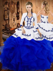 Blue Strapless Neckline Embroidery and Ruffles Vestidos de Quinceanera Sleeveless Lace Up