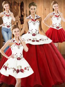 Deluxe White And Red Organza Lace Up Quinceanera Dress Sleeveless Floor Length Embroidery