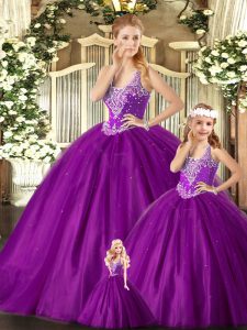 Lovely Purple Straps Neckline Beading Sweet 16 Dresses Sleeveless Lace Up