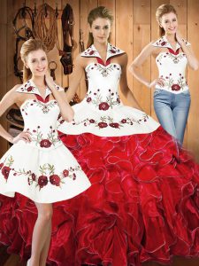 Luxurious White And Red Satin and Organza Lace Up Halter Top Sleeveless Floor Length Quinceanera Gown Embroidery and Ruffles