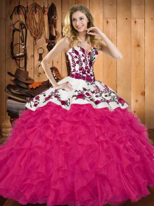 Fabulous Sweetheart Sleeveless Sweet 16 Dresses Floor Length Embroidery and Ruffles Hot Pink Tulle