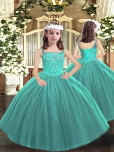 High End Beading Child Pageant Dress Teal Lace Up Sleeveless Floor Length