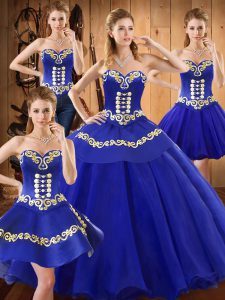 Embroidery Vestidos de Quinceanera Blue Lace Up Sleeveless Floor Length
