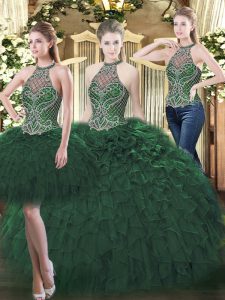 Glorious Sleeveless Organza Floor Length Lace Up 15th Birthday Dress in Dark Green with Beading and Ruffles