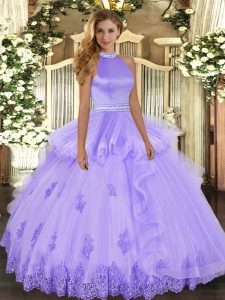 Clearance Lavender Sleeveless Tulle Backless Quince Ball Gowns for Military Ball and Sweet 16 and Quinceanera
