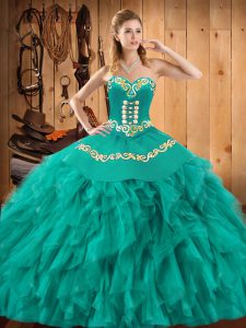 Sweetheart Sleeveless Ball Gown Prom Dress Floor Length Embroidery and Ruffles Turquoise Satin and Organza