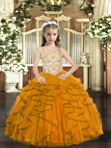 Latest Tulle Sleeveless Floor Length Little Girls Pageant Dress and Beading and Ruffles