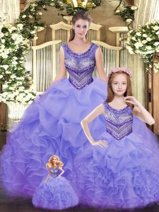 Lavender Ball Gowns Scoop Sleeveless Organza Floor Length Lace Up Beading and Ruffles 15 Quinceanera Dress