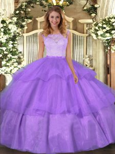 Custom Fit Lavender Scoop Neckline Lace and Ruffled Layers Sweet 16 Quinceanera Dress Sleeveless Clasp Handle