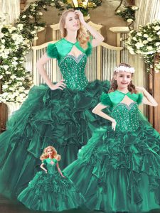 Organza Sweetheart Sleeveless Lace Up Beading and Ruffles Quince Ball Gowns in Green