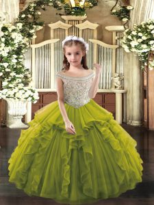 Beading and Ruffles Pageant Gowns For Girls Olive Green Lace Up Sleeveless Floor Length