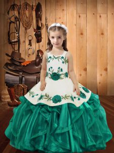 Embroidery and Ruffles Little Girls Pageant Gowns Teal Lace Up Sleeveless Floor Length