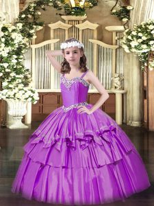 High Class Sleeveless Floor Length Beading and Ruffled Layers Lace Up Pageant Gowns For Girls with Lilac