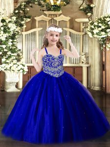 Straps Sleeveless Girls Pageant Dresses Floor Length Beading Royal Blue Tulle