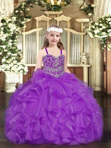 Simple Beading and Ruffles Little Girls Pageant Dress Wholesale Purple Lace Up Sleeveless Floor Length
