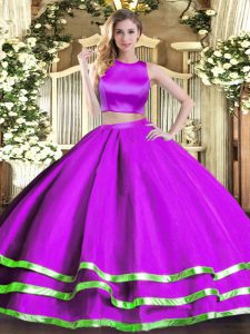 High-neck Sleeveless Criss Cross Quinceanera Gowns Purple Tulle