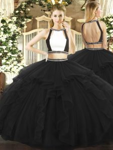 Glorious Ruffled Layers 15th Birthday Dress Black Backless Sleeveless Floor Length