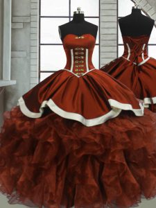 Stylish Sweetheart Sleeveless Lace Up 15 Quinceanera Dress Rust Red Organza
