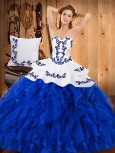 Trendy Blue And White Lace Up Strapless Embroidery and Ruffles Vestidos de Quinceanera Satin and Organza Sleeveless