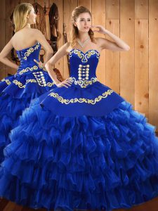 Unique Floor Length Blue Quinceanera Gown Satin and Organza Sleeveless Embroidery and Ruffled Layers