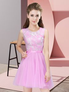 Pretty Scoop Sleeveless Quinceanera Dama Dress Mini Length Lace Rose Pink Tulle