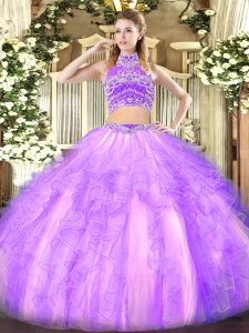 Lavender Two Pieces High-neck Sleeveless Tulle Floor Length Backless Beading and Ruffles Sweet 16 Dresses
