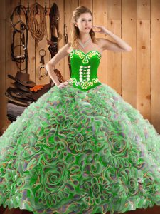 Sweep Train Ball Gowns Sweet 16 Dresses Multi-color Sweetheart Satin and Fabric With Rolling Flowers Sleeveless With Train Lace Up